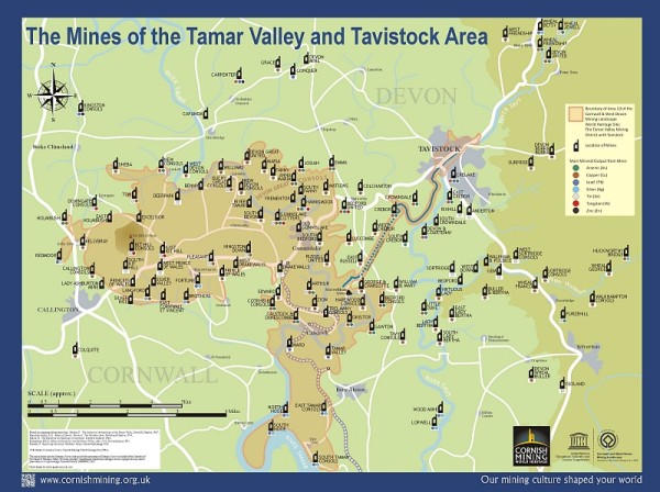 Map showing the mines of the Tamar Valley and Tavistock area