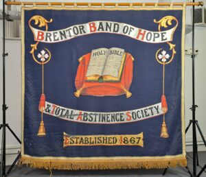 Brentor Band-of-Hope banner made for the congregation of the Brentor Bible Christian Chapel in about 1900